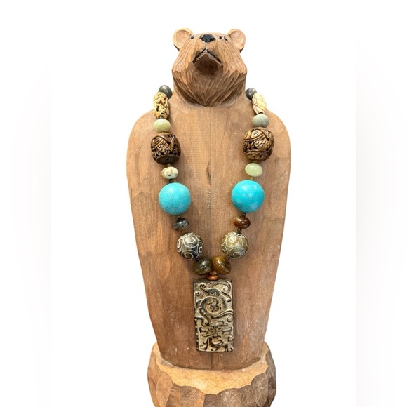 Handcrafted Turquoise and Brown Beaded Necklace beautiful hand carved beads - Picture 1 of 6